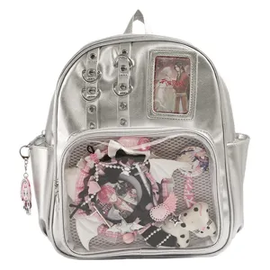 Sac à dos ita en cuir PU argenté avec fenêtre transparente, grand sac de loisirs décontracté.