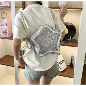 Detail shot of the silver star-shaped ita bag, showing transparent mesh window and straps.