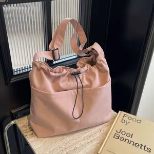Minimalist Solid Color Canvas Bucket Bag Casual Outdoor Travel Crossbody Bag Drawstring Single Shoulder Bag For Women