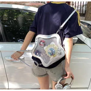 Detailed view of the cute star-shaped transparent ita bag with badge display windows.