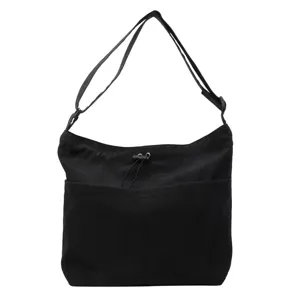 Minimalist solid black nylon bucket bag, casual outdoor crossbody shoulder bag with drawstring.