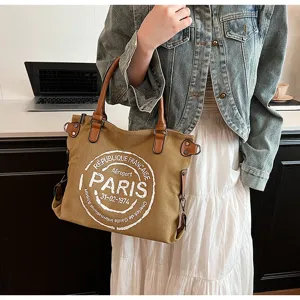 Borsa tote in tela alla moda da donna grande capacità borsa a spalla stampa Parigi