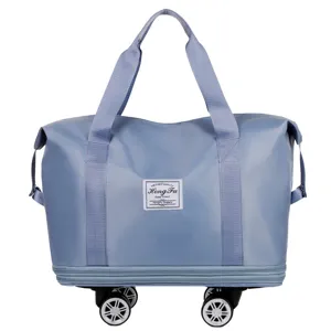 Large capacity travel duffel bag with universal wheels and expandable design for easy storage.