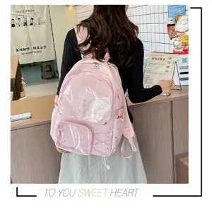 Pink transparent ita backpack detail showing clear front pocket and cute star pattern design.