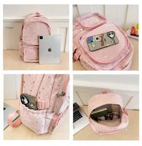 Pink glitter ita backpack with clear window for pins, large capacity school bag for daily use.