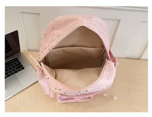 Detailed view of the pink star pattern student backpack interior and transparent front pocket.