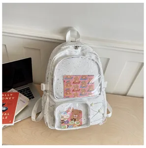 Japanese style white star pattern ita backpack with clear transparent pockets for pins and dolls.