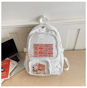 White ita backpack detail view featuring transparent front pockets and cute bear insert cards.