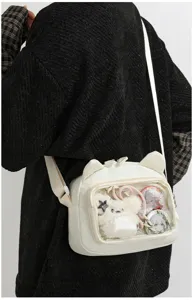 Cute cat ear transparent crossbody itabag, Japanese anime style shoulder bag for teen girls.