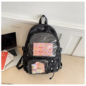 Black star pattern ita backpack with clear front pocket, cute bear insert card, casual daily use.