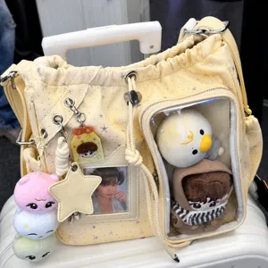 Japanese style 20cm doll ita bag star pattern transparent window shoulder backpack light yellow.