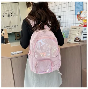 Detailed view of the pink ita backpack with transparent display window, perfect for pins and dolls.