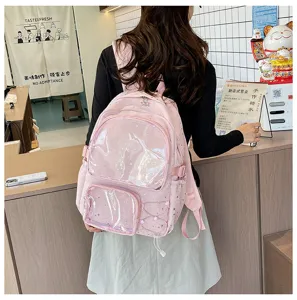 Pink ita backpack with transparent window for pins, cute star pattern school bag for girls.