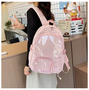 Japanese anime ita backpack for girls, large capacity transparent badge display pink star bag.