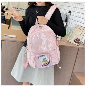 Pink cute ita backpack with clear front window star pattern for anime fans school.
