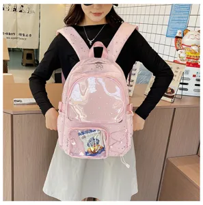 Pink sparkly ita backpack with clear window, large capacity cute casual school bag for girls.