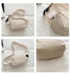 Nylon crossbody chest bag detail view, casual beige waist pack with zipper and strap adjuster.