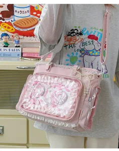 Bolso ita rosa estilo japonés JK con ventana transparente, encaje y perlas detalle