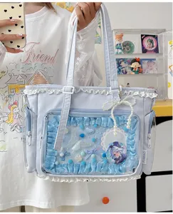 Lindo JK dulce niña ACG bolsa ita transparente tote bag con lazo y encaje para el uso diario.