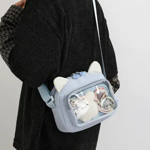 Japanese style cute cat ear clear ita bag, blue shoulder crossbody bag for girls.