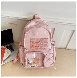 Pink cute ita backpack for women students, large capacity school bag with clear display pockets.
