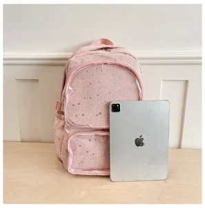 Pink star pattern ita bag with clear window, student anime convention backpack detail view.