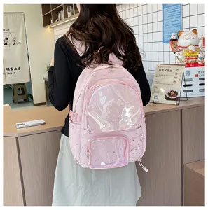 Japanese style anime ita backpack for women students large capacity clear front bag pink stars