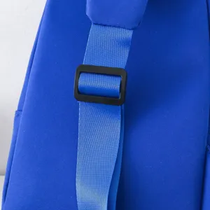 Detail view of the blue kids backpack adjustable strap and durable plastic buckle.
