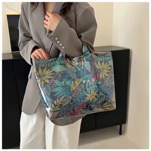 Clear PVC plant print tote bag detail view, large capacity summer beach handbag for women.