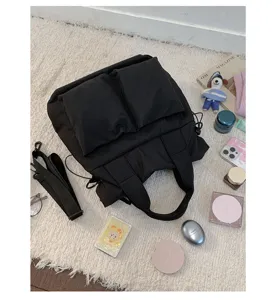 Casual black nylon tote bag for women, large capacity commuter shoulder and handbag.