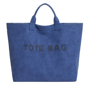 Women large capacity blue tote bag with studded letters, stylish casual shoulder bag for autumn winter.