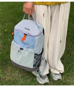 Koreaanse multifunctionele outdoor rugzak met mesh trekkoord vak en opvallende oranje ritsen.
