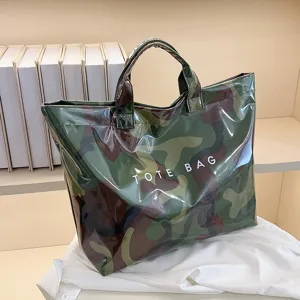 waterproof pvc camouflage tote bag large capacity casual handbag for women travel shopping