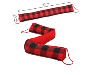 Detail shot showing the red and black buffalo plaid door draft stopper with size 92cm.