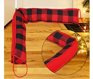 Classic red black buffalo plaid door draft stopper detail with soft fabric and hanging loop.