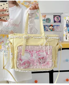 Bonito bolso tote ITA amarillo con bolsillo frontal transparente para pines anime, estilo JK.
