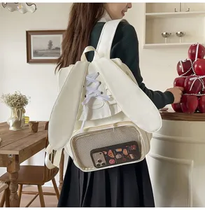 Japanese ins cute bunny ears backpack casual white school book bag with clear ita front pocket