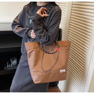 Brown plaid tote bag with climbing rope handles, large capacity casual nylon shoulder bag.