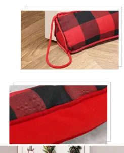 Christmas door draft stopper detail view, classic red and black plaid fabric with hanging rope.