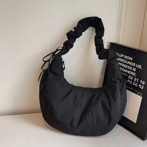 Black nylon hobo shoulder bag casual dumpling bag fashion commuter tote handbag for women