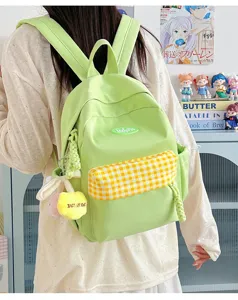 Cute mini green backpack with yellow plaid pocket casual fashion cute daily school bag for girls
