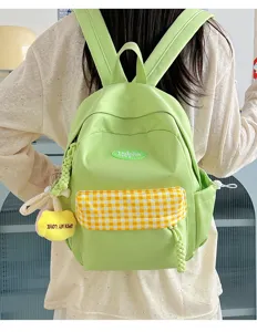 Mini green backpack for women, cute plaid front pocket casual daypack, trendy school bag.