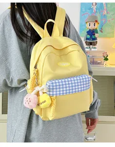 Cute yellow mini backpack for women, casual plaid pocket dual shoulder bag for daily use.