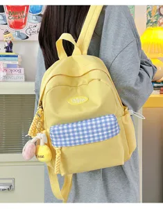 Ins style women mini backpack yellow canvas school bag with blue plaid pocket and cute pendants