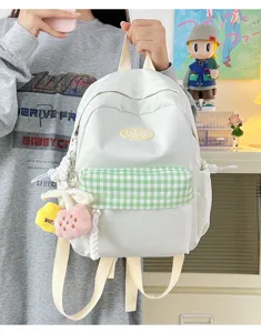 Cute mini white backpack with green plaid pocket, stylish canvas daypack with lovely fruit charms.