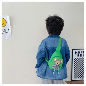 Cute cartoon bear print kids chest bag casual canvas crossbody sling bag for boys and girls