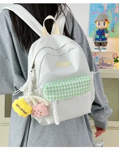 Mini white and green plaid canvas backpack with cute keychains, stylish casual daypack for daily.
