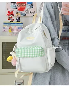 Mini canvas backpack for women, cute green plaid school bag, casual daypack for daily use.