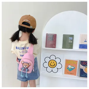 Cute pink kids chest bag with adorable cartoon bear design, perfect for daily outings.