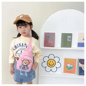 Cute cartoon bear canvas kids chest bag children casual outdoor pink crossbody bag